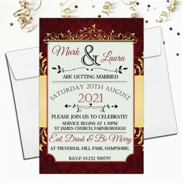 10 Personalised Premium Wedding Invitations Day or Evening N74 Red & Gold Swirl