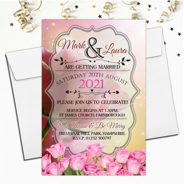 10 Personalised Premium Wedding Invitations Day or Evening N75 Pink Roses