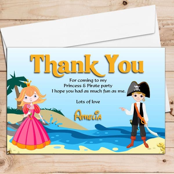 10 Personalised Princess and Pirate Thank you Cards N172