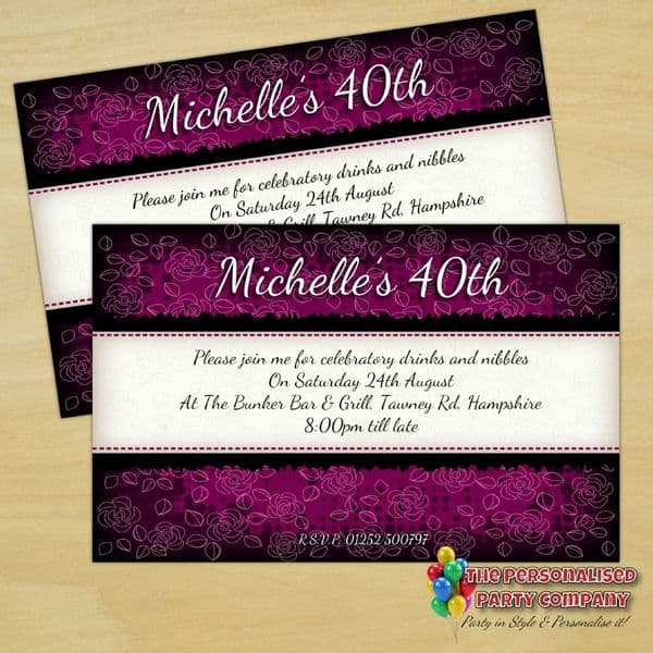 10 Personalised Purple & Black Birthday Party Invitations N174