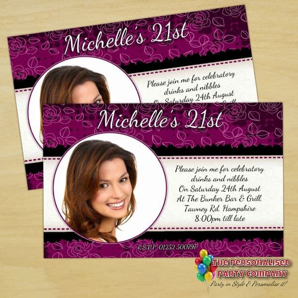 10 Personalised Purple & Black Birthday Party PHOTO Invitations N175