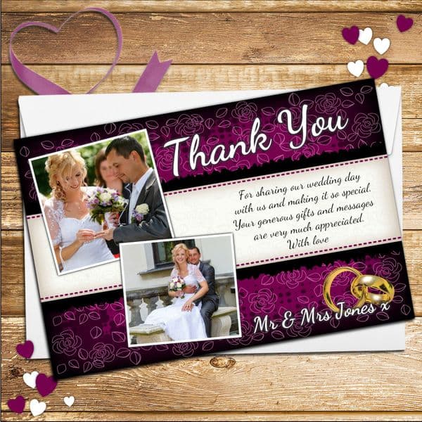 10 Personalised Purple & Black Floral Wedding Day Thank you Photo Cards N227