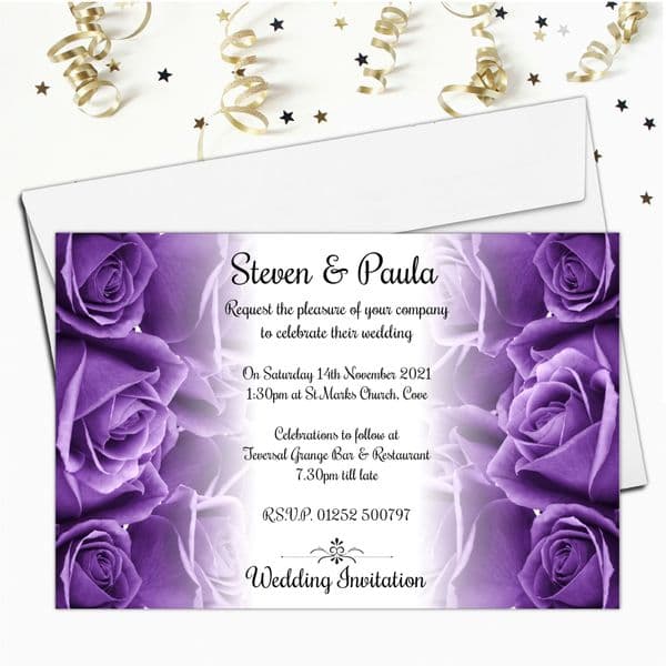 10 Personalised Purple Roses Wedding Invitations Day/Evening N62