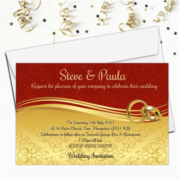 10 Personalised Red and Gold Scroll Wedding Invitations Day/Evening N63