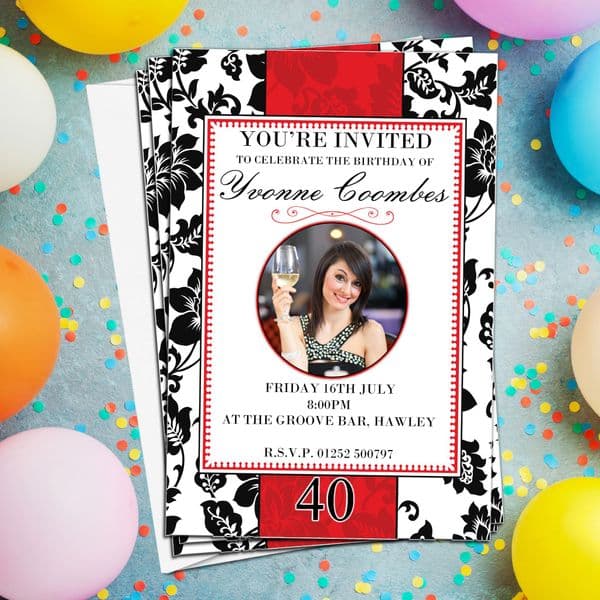 10 Personalised Red & Black Damask Birthday Party PHOTO Invitations N172
