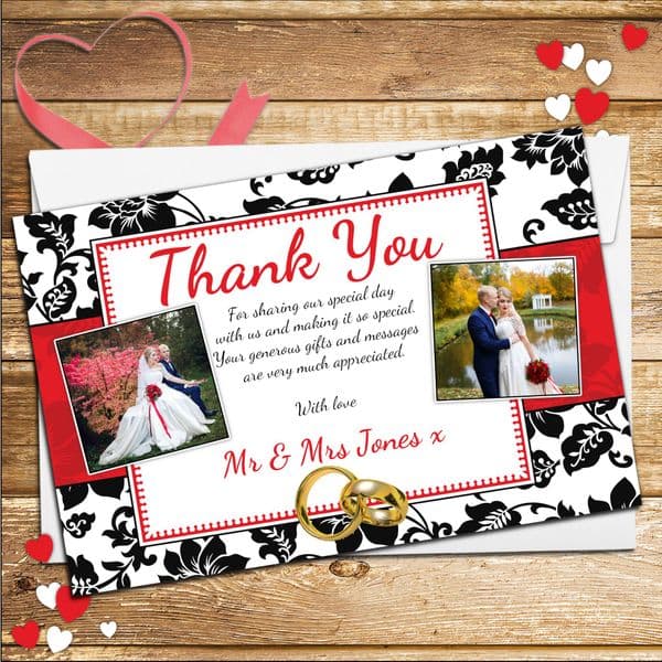 10 Personalised Red & Black Floral Wedding Day Thank you Photo Cards N229