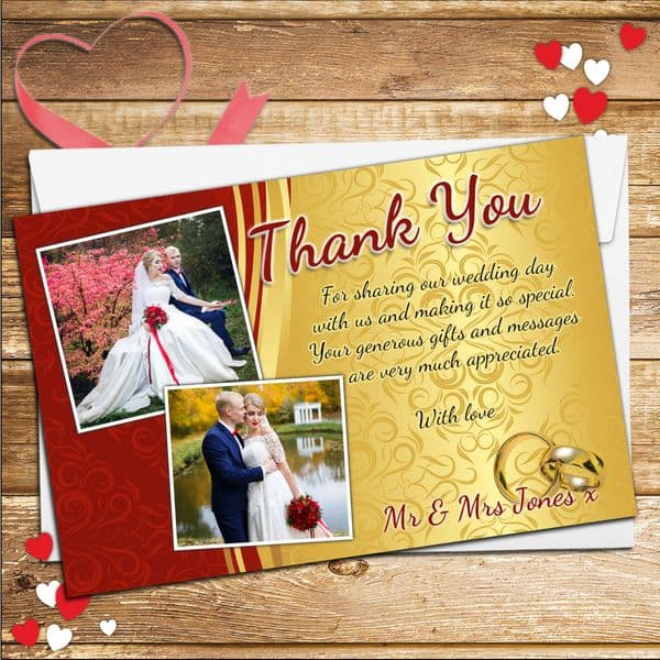 10 Personalised Red & Gold Wedding Day Thank you Photo Cards N230