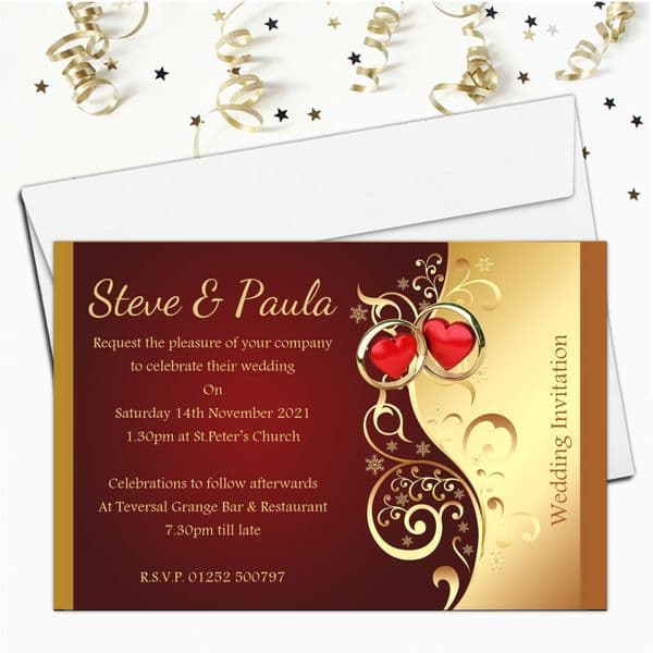 10 Personalised Red & Gold Wedding Invitations Day/Evening N25