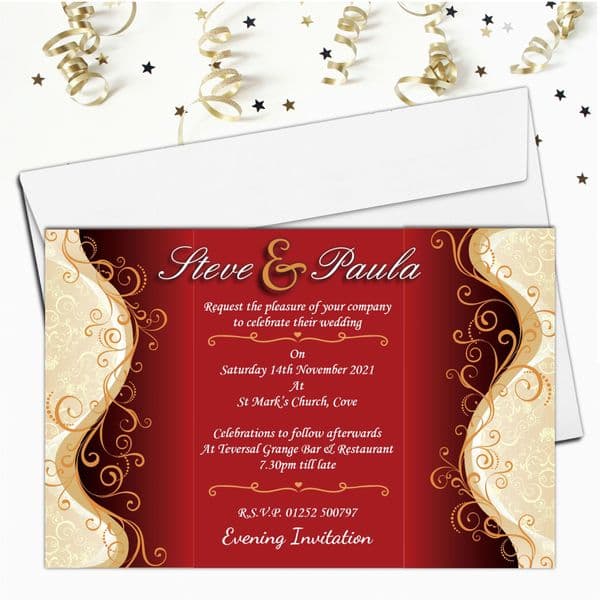 10 Personalised Red & Gold Wedding Invitations Day/Evening N32
