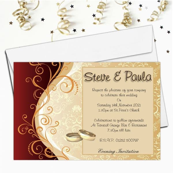 10 Personalised Red & Gold Wedding Invitations Day/Evening N33