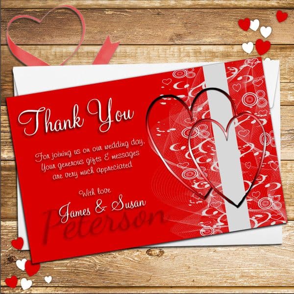 10 Personalised Red Hearts Wedding Day Thank you cards N125