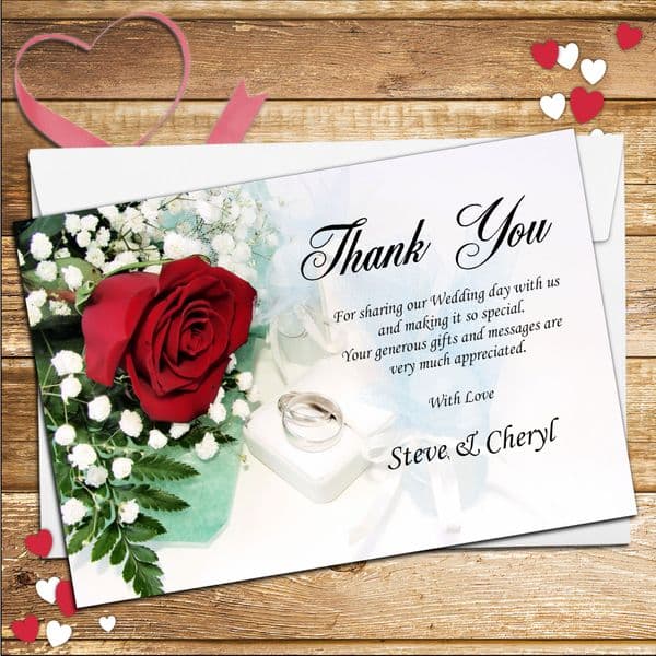 10 Personalised Red Rose Wedding Day Thank you cards N120