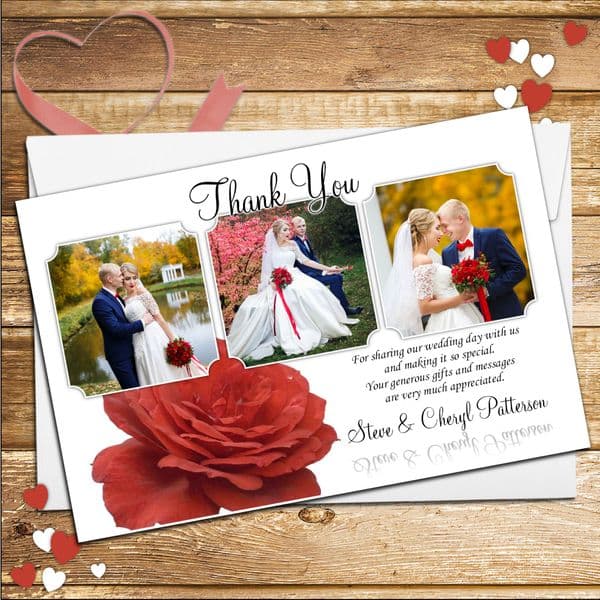 10 Personalised Red Rose Wedding Thank you Photo cards N92