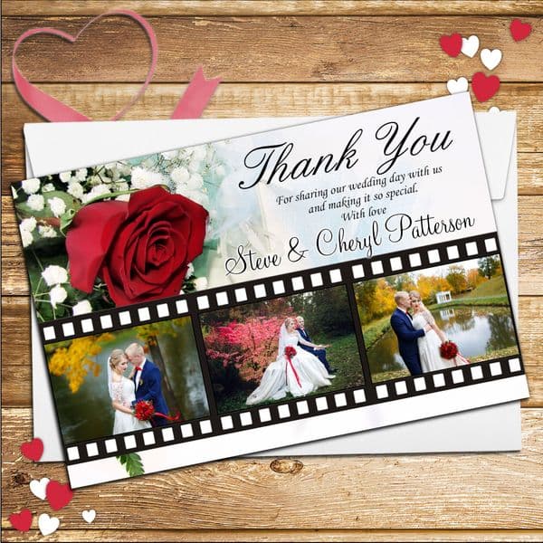 10 Personalised Red Roses Wedding Day Thank you Photo Cards N102