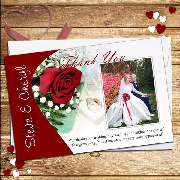 10 Personalised Red Roses Wedding Day Thank you Photo Cards N147