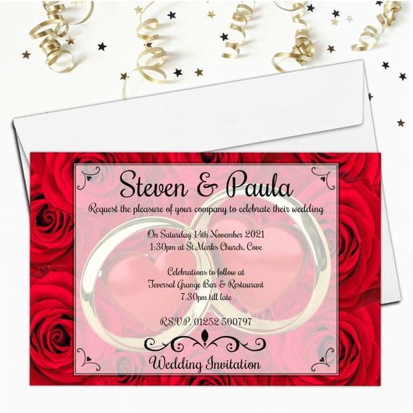 10 Personalised Red Roses Wedding Invitations Day / Evening N51