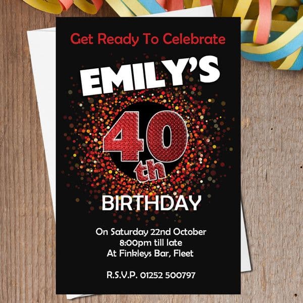 10 Personalised Red Sparkle Birthday Party Invitations N202