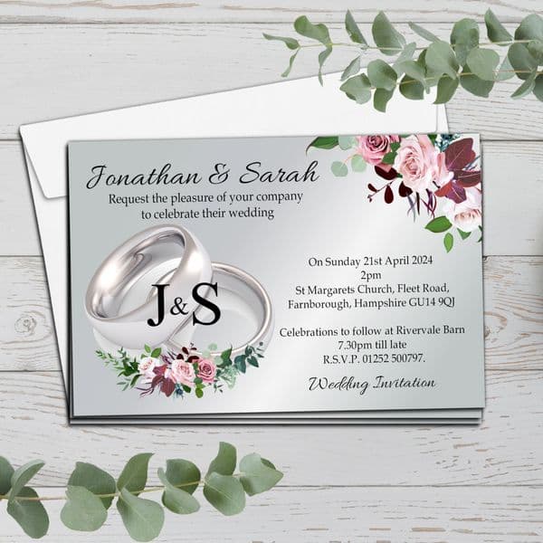 10 Personalised Silver Rings & Flowers Wedding Invitations N79