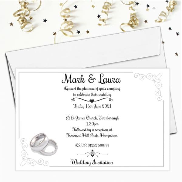 10 Personalised Silver Rings Wedding Invitations Day / Evening N55
