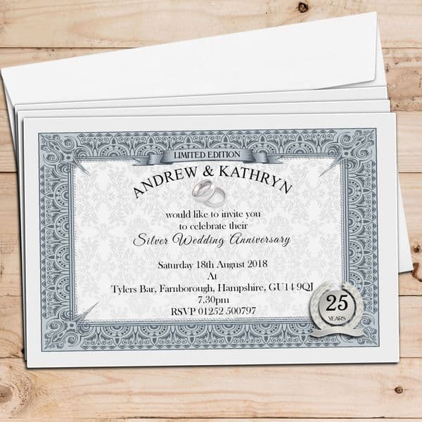 10 Personalised Silver Wedding Anniversary Invitations N10