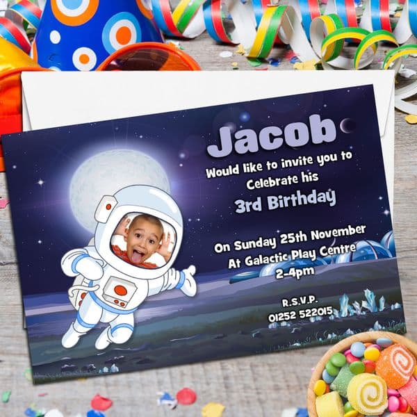 10 Personalised Space Astronaut Galaxy Birthday Party PHOTO Invitations N78