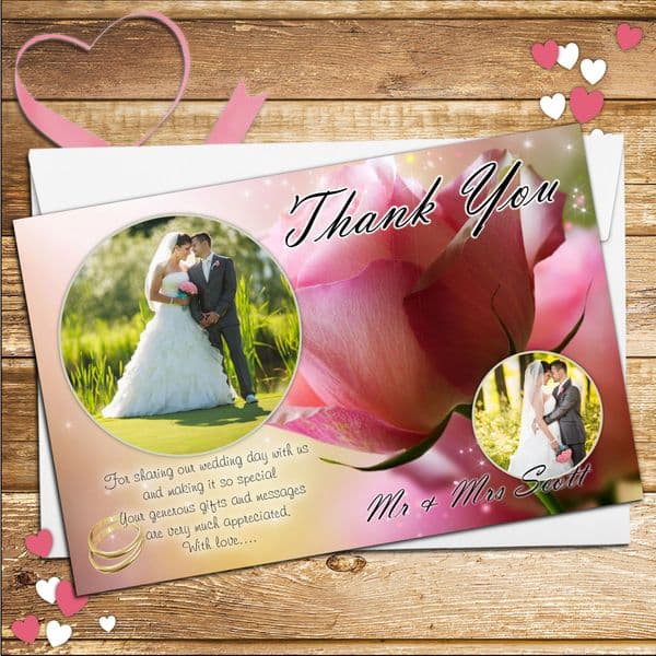 10 Personalised Sparkly Pink Rose Wedding Thank you PHOTO cards N219