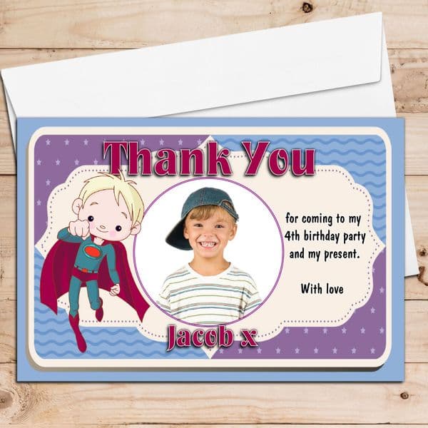 10 Personalised Super Hero's Birthday Thank you PHOTO Cards N181
