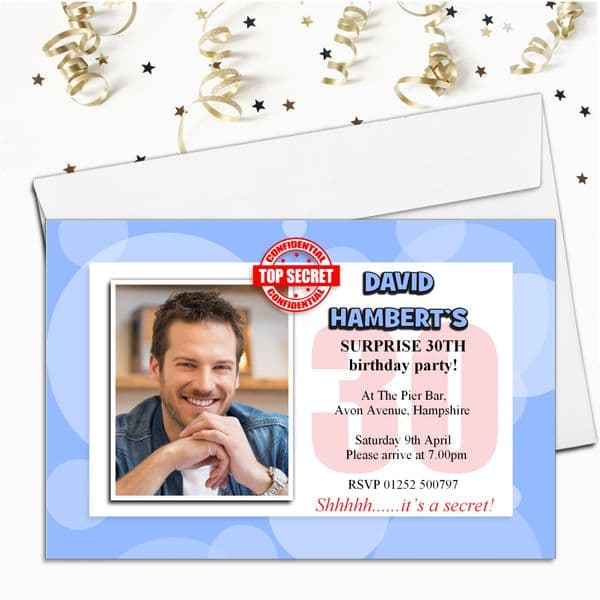10 Personalised Surprise Secret PHOTO Invitations N61 - Any Age!