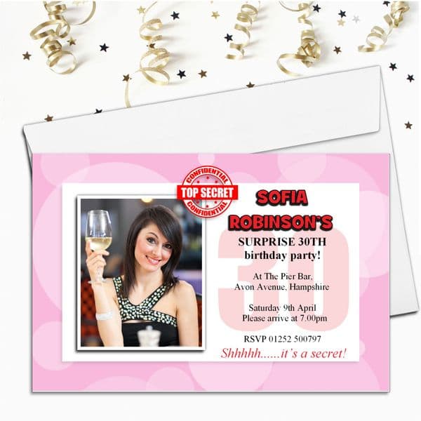 10 Personalised Surprise Secret PHOTO Invitations N62 - Any Age!