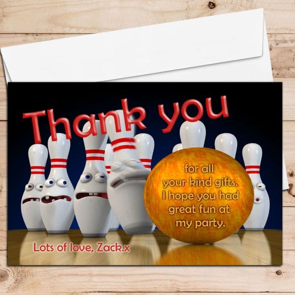 10 Personalised Tenpin Bowling Birthday Party Thank you cards