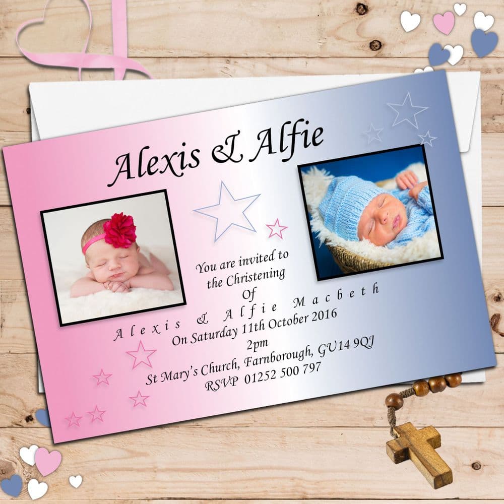 10 Personalised Twins / Joint Baptism Christening Photo Invitations N11