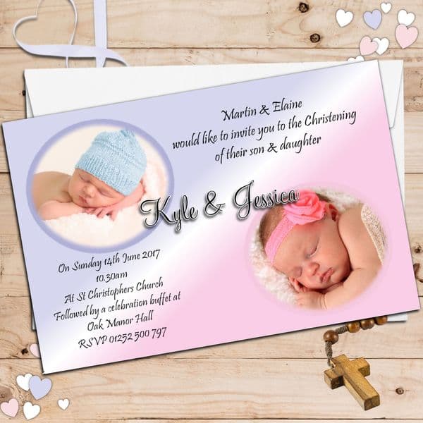 10 Personalised TWINS / JOINT Christening Baptism PHOTO Invitations N23