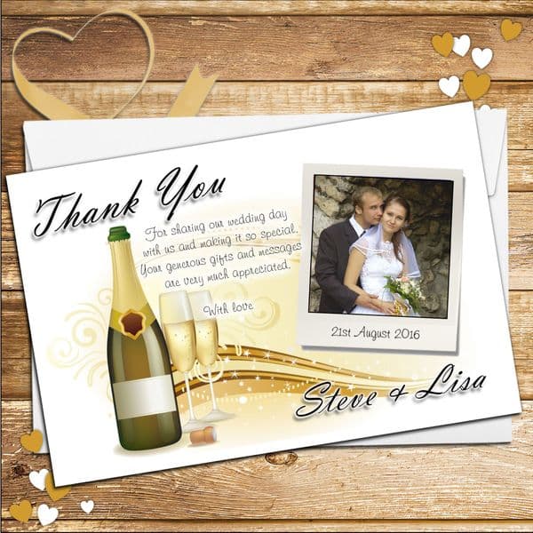 10 Personalised Wedding Day Champagne Thank you PHOTO cards N177