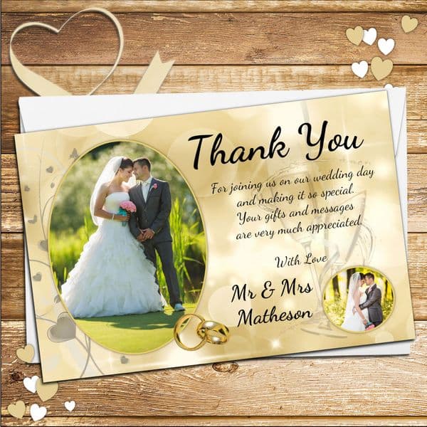 10 Personalised Wedding Gold Bokeh Thank you PHOTO cards N242