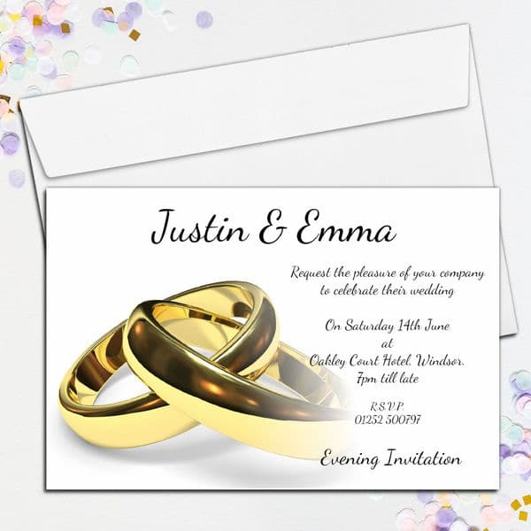 10 Personalised Wedding Gold Rings Invitations Day/Evening N3
