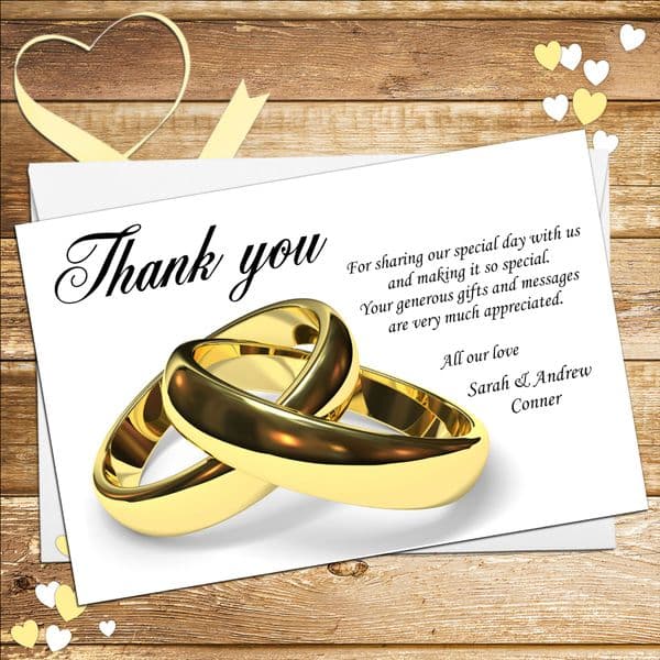 10 Personalised Wedding Gold Rings Thank you cards N10