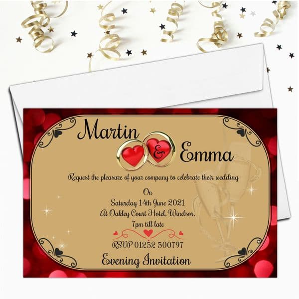 10 Personalised Wedding Heart Rings Invitations Day/Evening N15