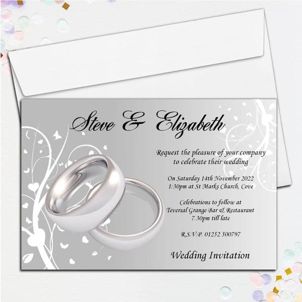 10 Personalised Wedding Invitations Day / Evening N44 Silver Rings