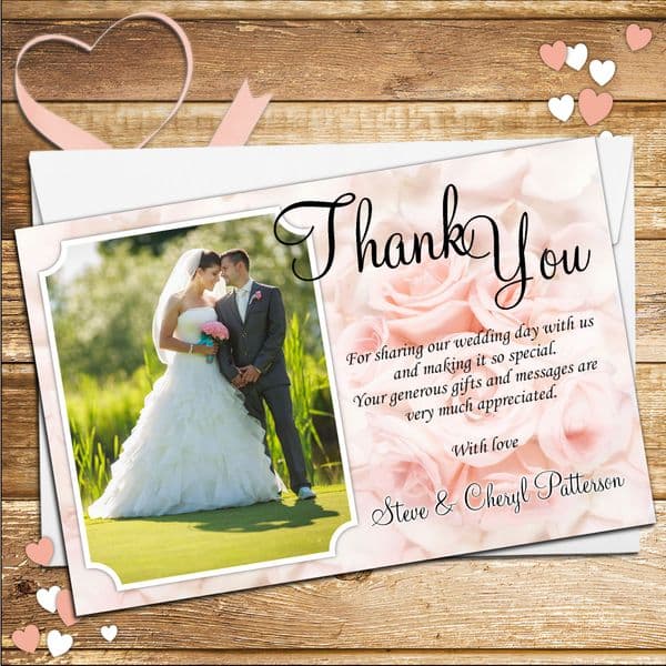 10 Personalised Wedding Pink Roses Thank you Photo cards N113
