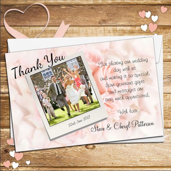 10 Personalised Wedding Pink Roses Thank you Photo cards N148