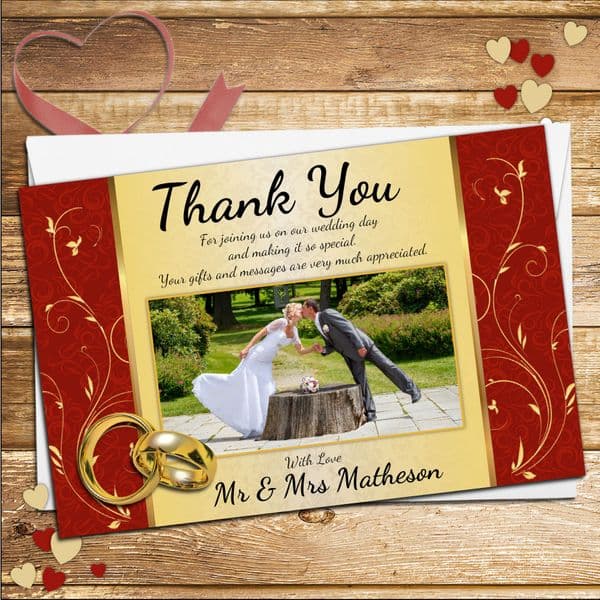 10 Personalised Wedding Red & Gold Swirls Thank you PHOTO cards N243