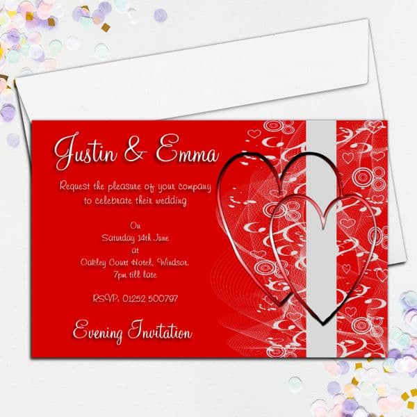 10 Personalised Wedding Red Heart Invitations Day/Evening N17