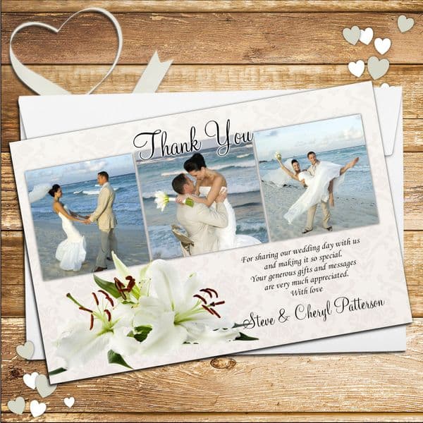 10 Personalised White Lily Flower Wedding Thank you Photo cards N90