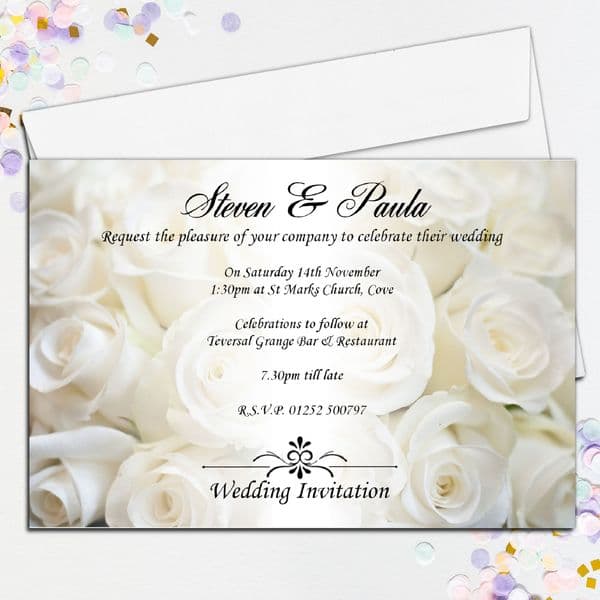 10 Personalised White Rose Wedding Invitations ~ Day / Evening N50