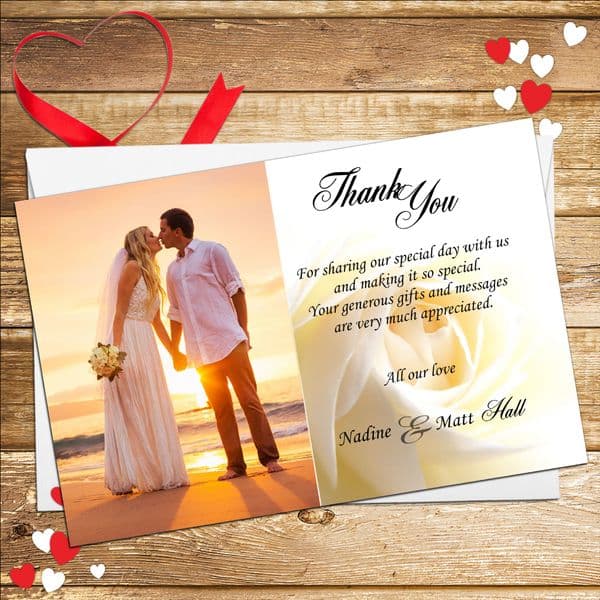 10 Personalised White Rose Wedding Thank you Photo cards N1