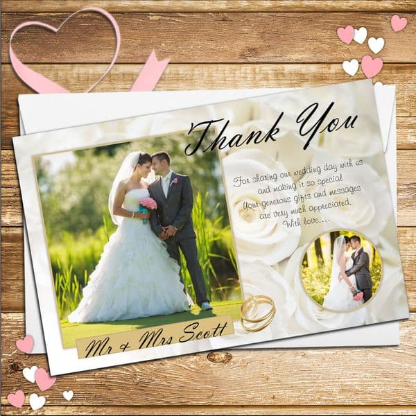 10 Personalised White Roses Wedding Thank you PHOTO cards N217