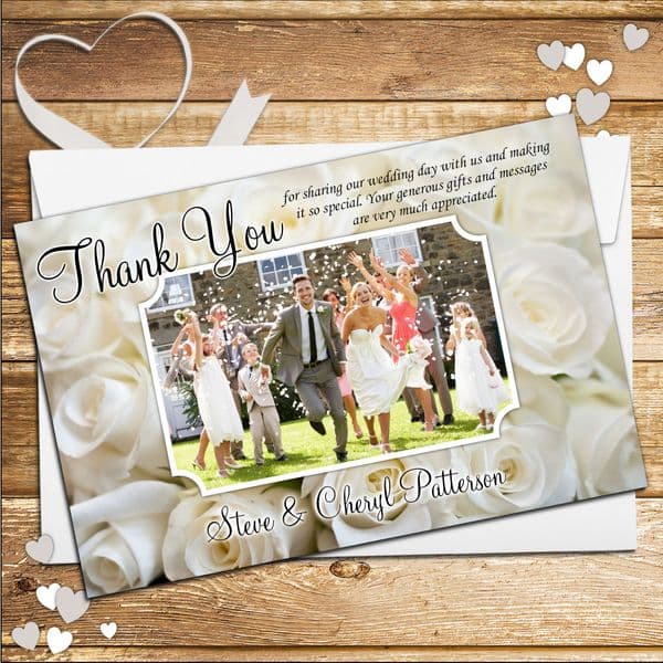 10 Personalised White Roses Wedding Thank you Photo cards N94