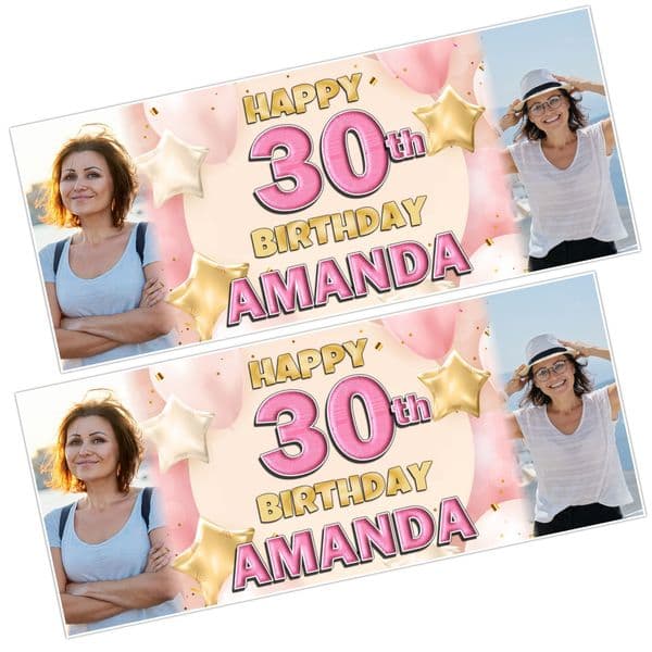 2 Personalised Happy Birthday Party Banners N50 Pink & Gold Balloons
