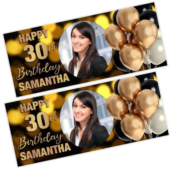 2 Personalised Happy Birthday Party Photo Banners N55 Black & Gold Balloons