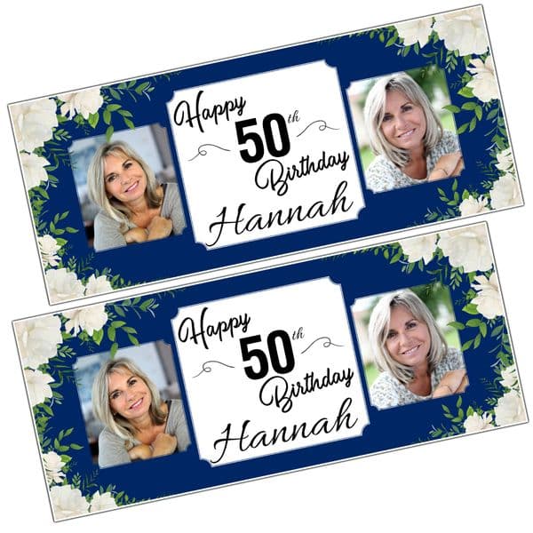 2 Personalised Happy Birthday Party Photo Banners N63 Navy Blue & White flowers